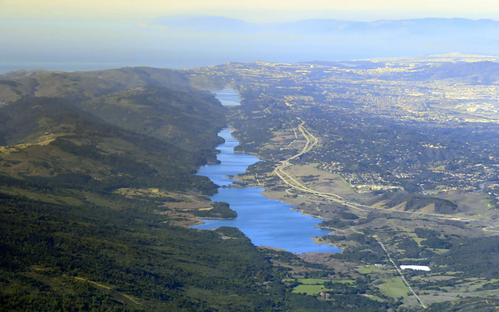 Aerial view of Crystal Springs Reservoir on the San Francisco Peninsula in San Mateo County