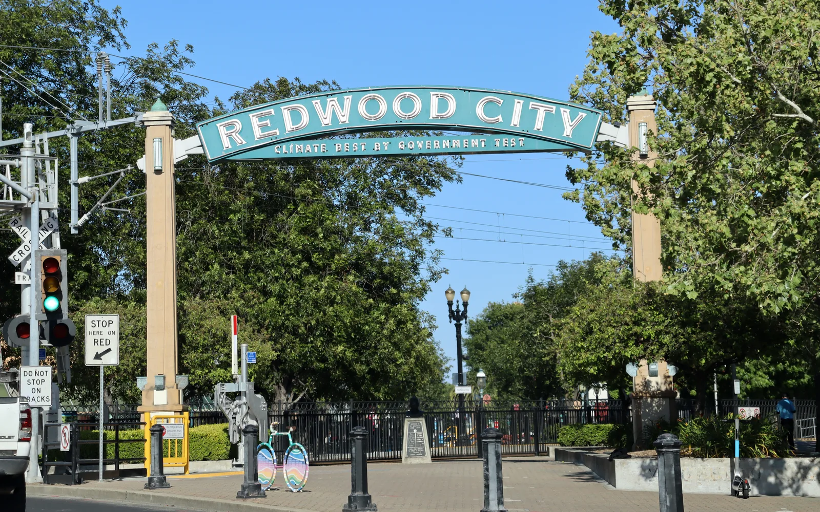 Redwood City Western Arch with slogan 'Climate Best by Government Test'